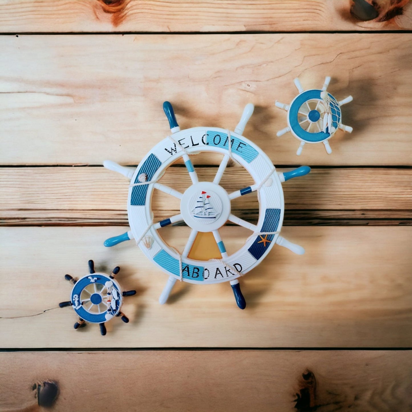 Set de timones marinos decorativos 1 de 62 cm y 2 de 30 cm para pared