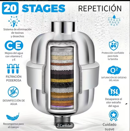 Filtro / Purificador de Ducha 20 Etapas con Vitamina C para Agua Dura – Ideal para Piel y Cabello