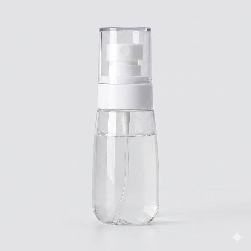 Botella de spray transparente diseñada con un mecanismo de niebla fina, ideal para cosméticos o perfumes.