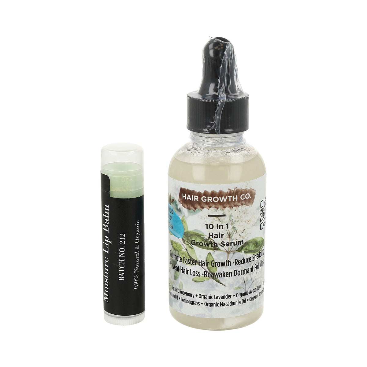 Producto de cuidado capilar 10 in 1 Hair Growth Serum + Balsamo labial humectante