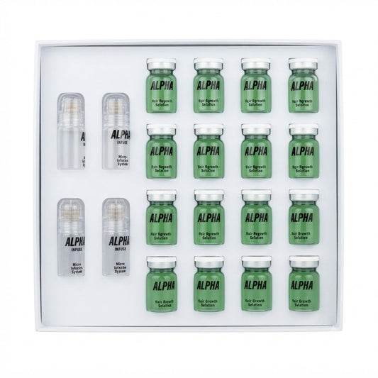 Kit diseñado para el crecimiento del cabello que incluye botellas de sérum y dispositivos de microagujas.
