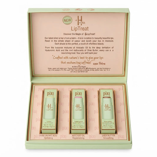 Set de trío de bálsamos labiales hidratantes con ingredientes como ácido hialurónico, aceite de aguacate.