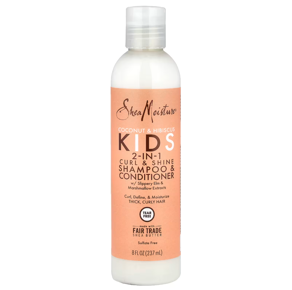 Champú y acondicionador 2 en 1, específicamente diseñado para niños con cabello rizado y grueso.