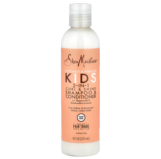 Champú y acondicionador 2 en 1, específicamente diseñado para niños con cabello rizado y grueso.