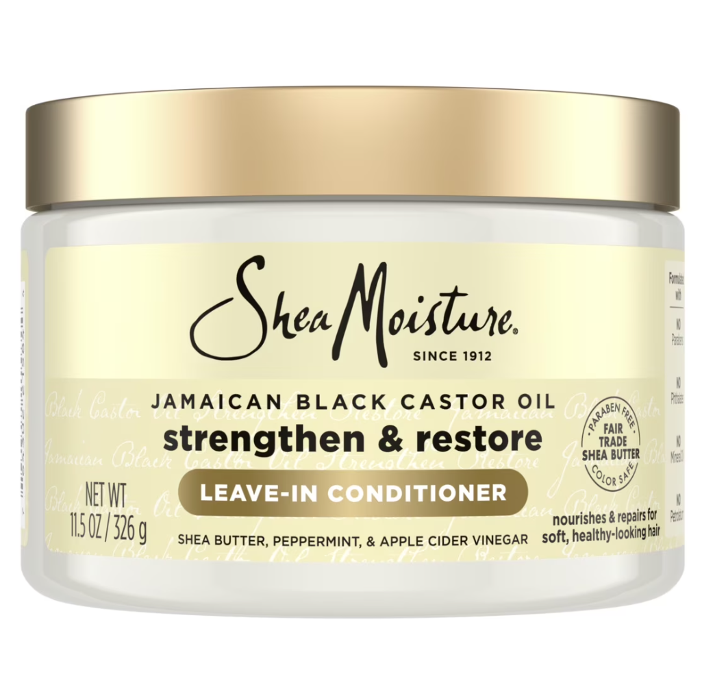 Acondicionador sin enjuague, está formulado con aceite de ricino negro de Jamaica y manteca de karité para fortalecer y restaurar el cabello dañado.