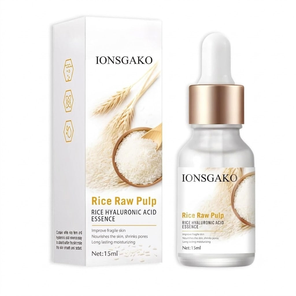 Suero facial que contiene ingredientes de arroz y ácido hialurónico.