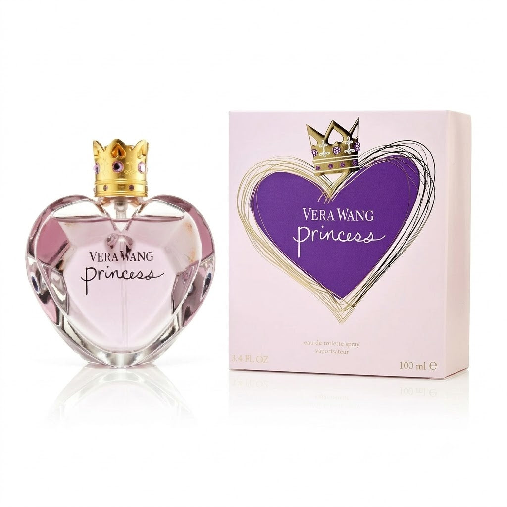 Perfume en una distintiva botella de vidrio en forma de corazón con una tapa en forma de corona.